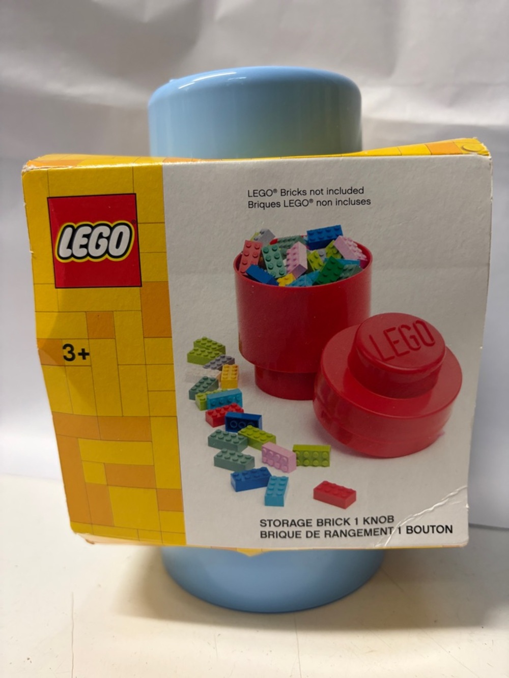 Lego Blue Storage Brick with Knob - Multicolor Brick Prints on Box